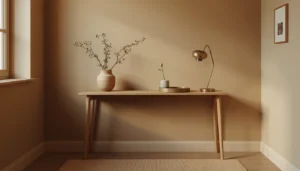 well-styled console table surface in small apartment entryway showing correct minimal styling with lamp and plant
