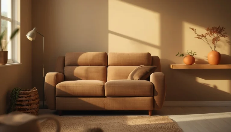 Curved sectional sofa small room — dusty blue L-shaped cloud sectional in a compact 250 sq ft living room with oak coffee table