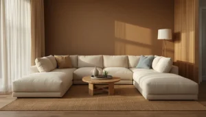 Curved sectional sofa small room — 108-inch modular cloud deep seat in cream linen, compact living room setup