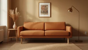 Curved sectional sofa small room — mid-century modern loveseat sofa bed in terracotta, structured silhouette