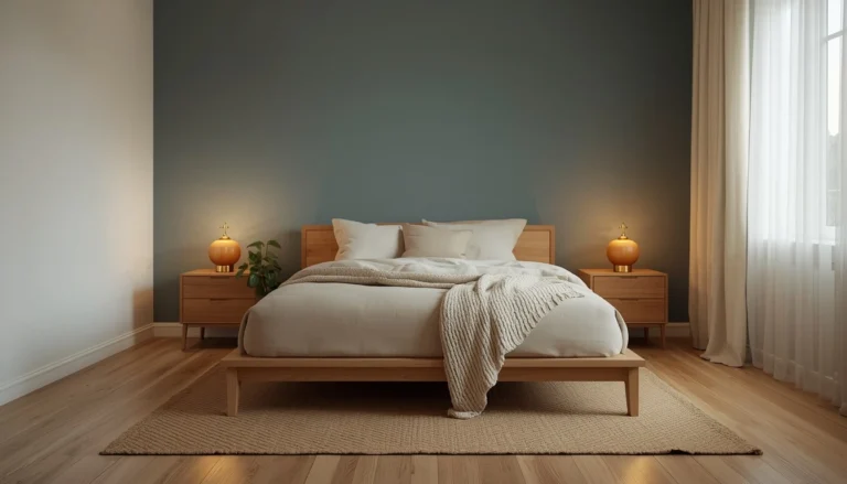 cozy small bedroom ideas with layered oatmeal bedding warm lamp light and dusty blue wall