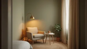 cozy small bedroom ideas with warm sage green accent wall reading nook corner and linen curtains