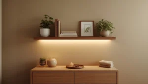 cozy small bedroom ideas with walnut floating shelves styled vignette plant candle and books