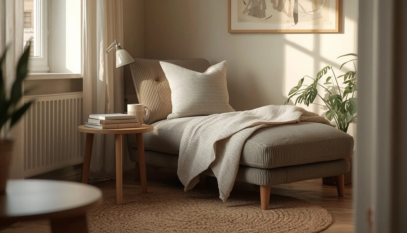 Cozy reading chair nook in a small living room with chaise lounge and light oak side table