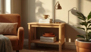 Light oak side table with books and lamp beside a cozy reading chair