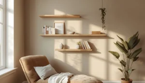 Floating book shelves mounted above a cozy reading chair in a small living room