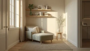 Small living room window corner styled as a cozy reading nook with chair, rug, and shelves